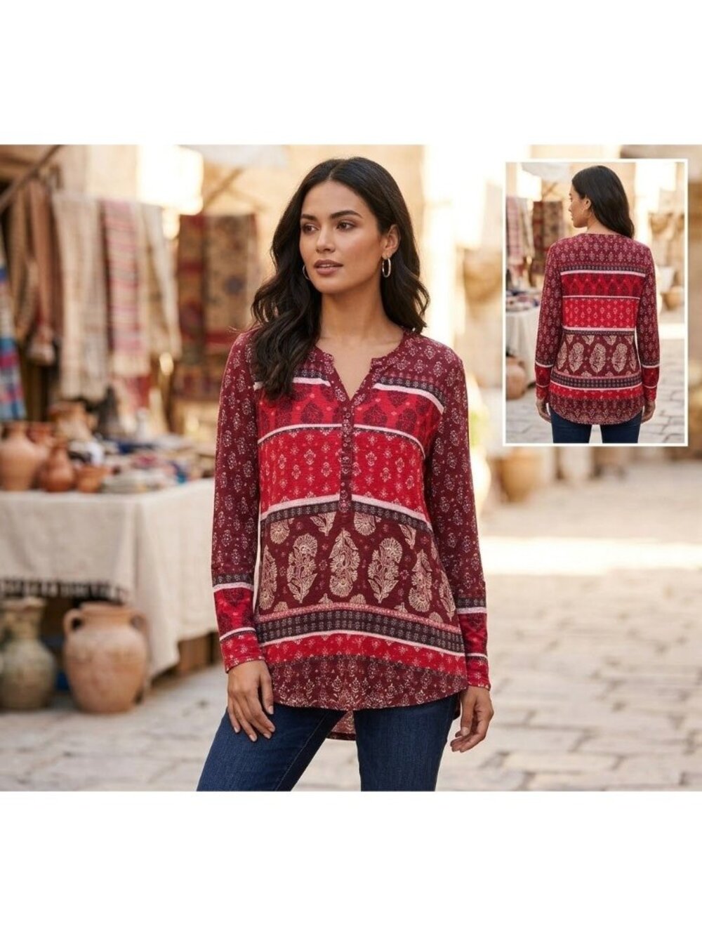 Style & Co Womens Red Boho Floral Print Long Sleeve Henley Top Size OX 60% Cotto